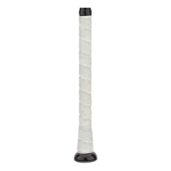 Close-up of a white baseball bat grip with a black end cap and textured pattern.