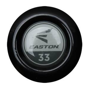End view of a black baseball bat with the Easton logo and 33 printed on the cap.