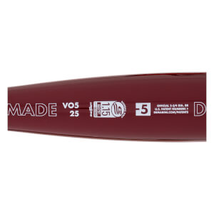 Close-up of the maroon barrel displaying white text such as "MADE", "VO5 25", a USSSA 1.15 BPF stamp, and the "-5" weight drop ratio.