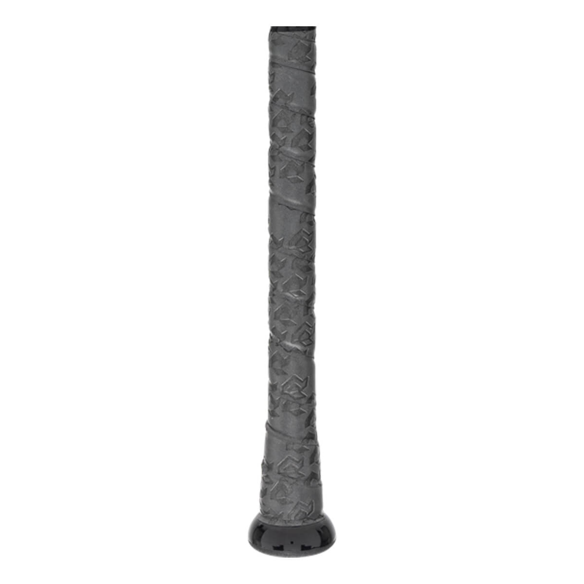 Side view of a gray baseball bat grip with a textured pattern and black end cap.