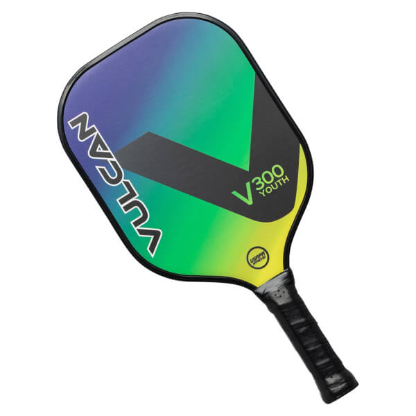 Top-down view of a multicolor pickleball paddle with VULCAN and V300 YOUTH text.