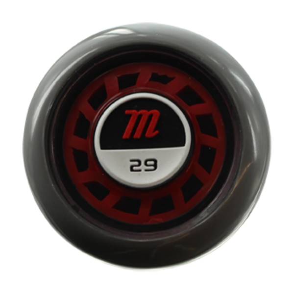 End view of a black baseball bat with a red and white logo and the number 29.