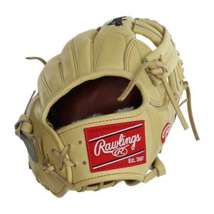 Front view of a tan baseball glove with a red Rawlings patch and tan lacing.