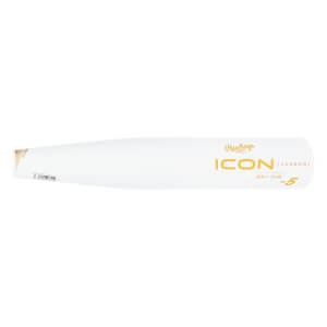 Side view of a white baseball bat with gold Rawlings ICON [CARBON] text and -5 marking.