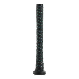 Close-up of a black baseball bat grip with teal accents and a black end cap.