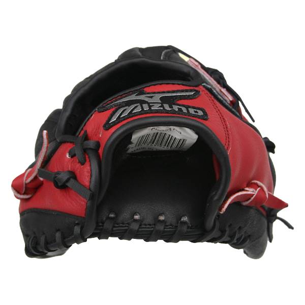Top-down view of a red and black baseball glove with Mizuno logo and stitched palm.