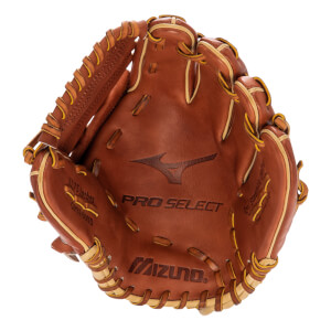 Top-down view of a brown baseball glove with Mizuno Pro Select branding and tan lacing.