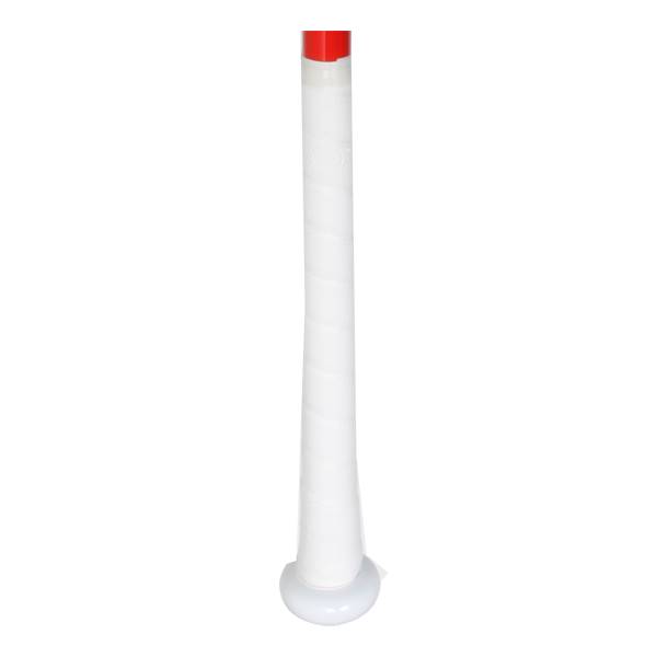 Side view of a white baseball bat with a red cap and white grip tape.