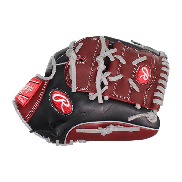 Side view of a black and red baseball glove with white stitching and a Rawlings logo.