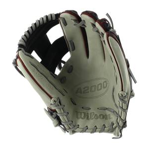 Front view of a tan baseball glove with red trim, A2000 and Wilson logos.