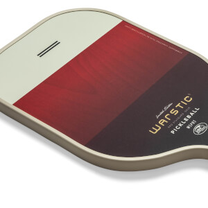 Corner view of a multi-colored pickleball paddle with Warstic branding and USA Pickleball logo.