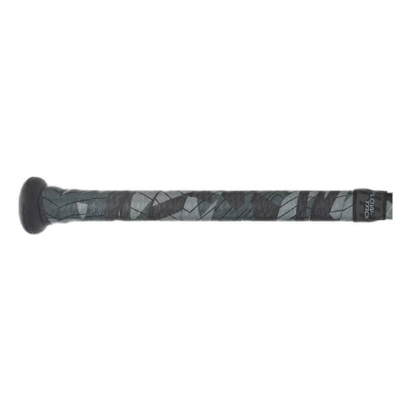 Side view of a gray camouflage baseball bat grip with a black knob and LOW-TACK text.