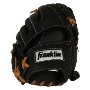 Top-down view of a black baseball glove with tan lacing and a white Franklin logo.