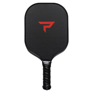 Front view of a black pickleball paddle with a red P logo and textured surface.