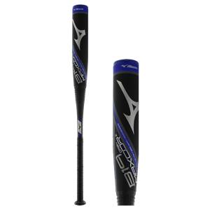 Side view of a black baseball bat with blue accents, featuring the Mizuno logo and MAXCOR text.