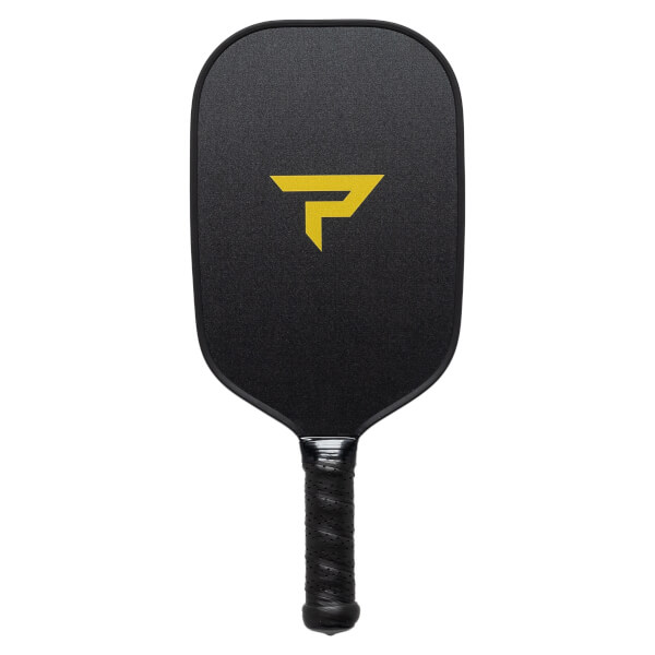 Front view of a black pickleball paddle with a yellow P logo and black grip.