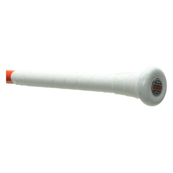 Side view of an orange baseball bat with a white grip and a white end cap showing 32 in and 29 oz.