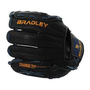 Side view of a black baseball glove with orange BRADLEY text and CHANGE THE GAME text.