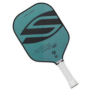 Top-down view of a teal pickleball paddle with black S design, epic VANGUARD 2.0 text, and white grip.
