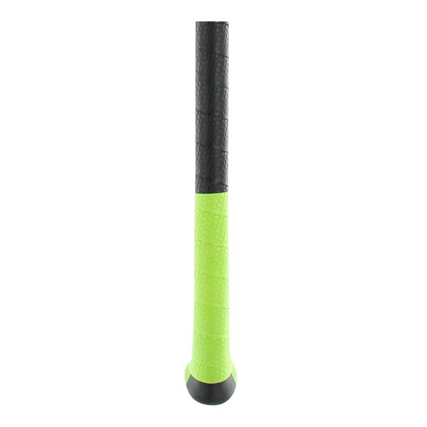 Close-up of a black and lime green baseball bat grip with textured pattern.