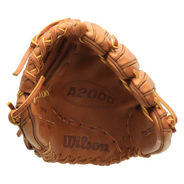 Inside view of a brown baseball glove with A2000 and Wilson branding.