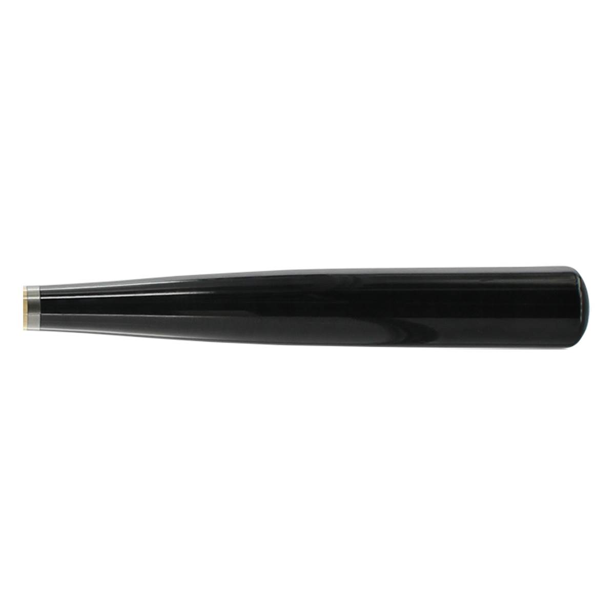 Side view of a black baseball bat with a silver band at the end.