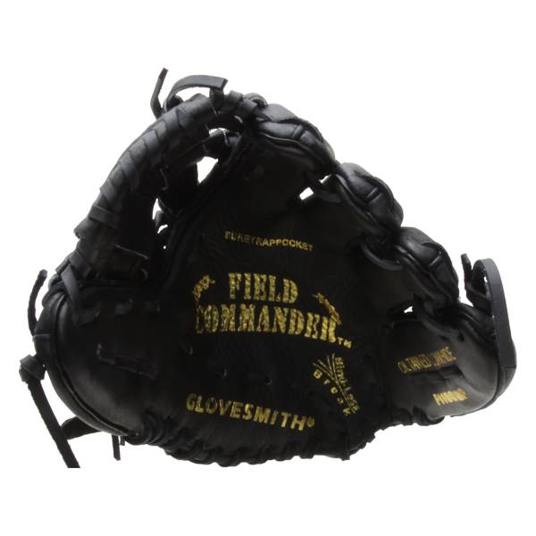 Top-down view of a black baseball glove with FIELD COMMANDER and GLOVESMITH text.