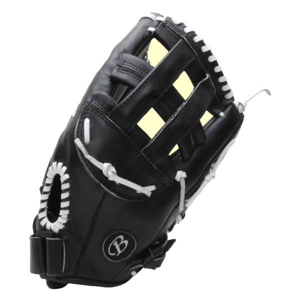Side view of a black baseball glove with white lacing and a B logo.