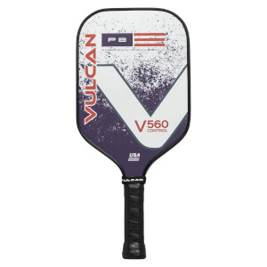 Front view of a white and purple pickleball paddle with VULCAN branding, a V560 CONTROL logo, and an American flag graphic.