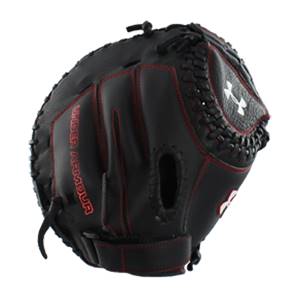 Side view of a black Under Armour catchers mitt with red stitching and a white Under Armour logo.