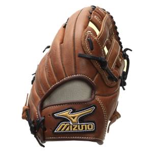 Top-down view of a brown softball glove with Mizuno logo and tan padding.