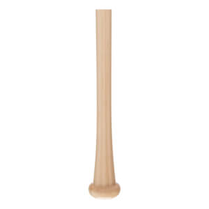 Bottom view of a light wood baseball bat with a smooth, rounded knob.