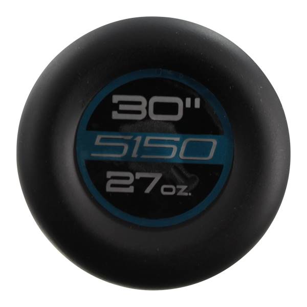End cap view of a black baseball bat with 30 5150 27oz text.