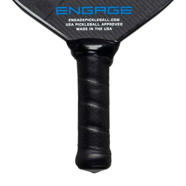 Close-up of a black pickleball paddle grip with perforations and the Engage logo.