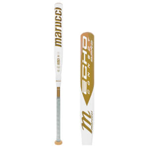 Side view of a white and gold Marucci Echo Connect DMND -8 fastpitch softball bat with a textured grip and visible branding.