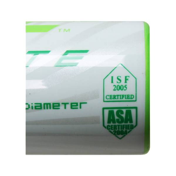 Close-up of a white softball bat with green text and certification logos.