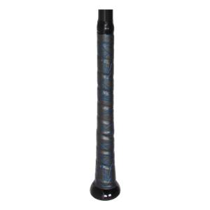 Close-up of a black baseball bat grip with blue DeMarini branding and a black end cap.