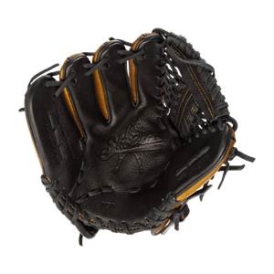 Front view of a black baseball glove with gold accents and Shoeless Joe branding.