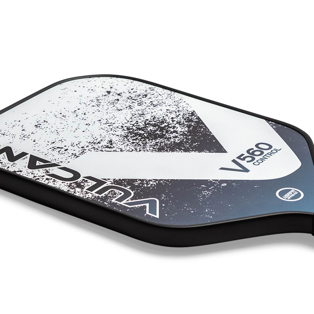 Corner view of a black pickleball paddle with white VULCAN and V560 CONTROL text and a speckled design.