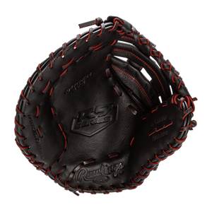Top-down view of a black first base mitt with red stitching and R9 SERIES logo.