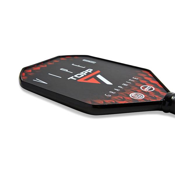 Side view of a black pickleball paddle with red geometric accents, VIPER and TOPP branding, and GRAPHITE text.
