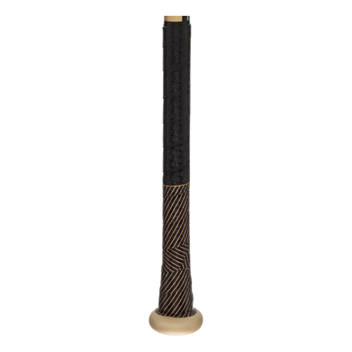 Close-up of a black baseball bat handle with gold striped grip and gold end cap.
