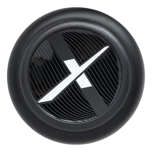 End view of a black baseball bat with a white X logo and ribbed texture.