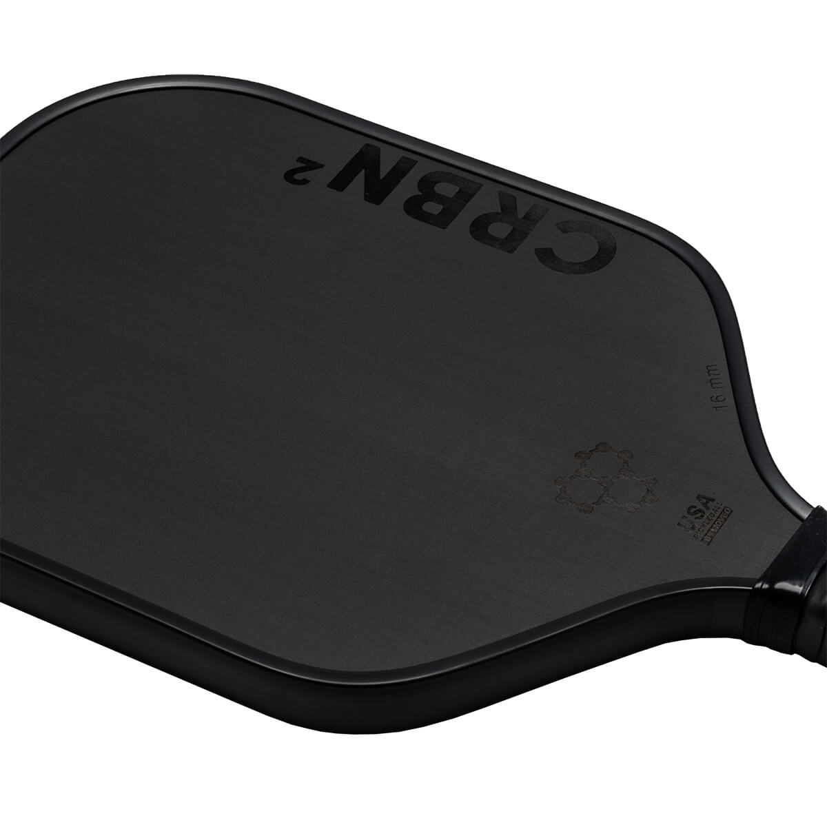 Top-down view of a black CRBN² pickleball paddle with 16mm thickness and USA Pickleball Standard logo.