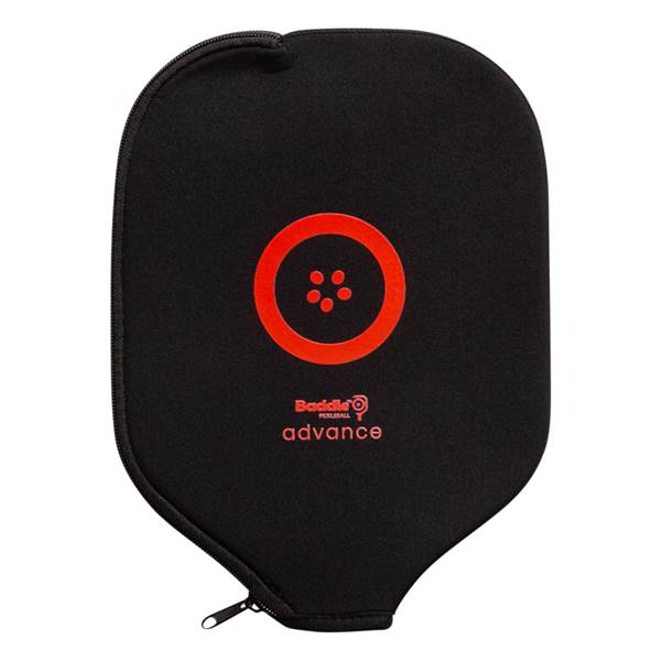 Front view of a black pickleball paddle case with a red circular logo and Baddle advance text.