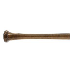 Side view of a brown wood baseball bat with a rounded knob and three distinct grooves.