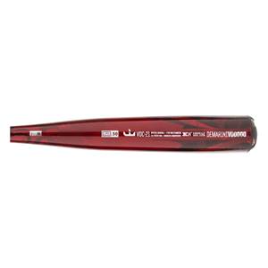 Side view of a red baseball bat with DEMARINIVOOODOO and VOC-21 text.