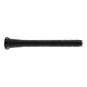 Side view of a black baseball bat with a textured grip and silver end cap.