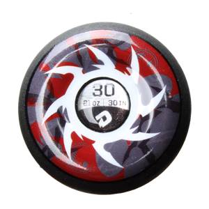 Top-down view of a red, black, and gray baseball bat end cap with white tribal graphics and 30 21 OZ 30 IN text.