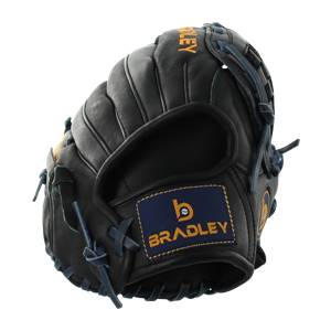 Corner view of a black baseball glove with a blue Bradley logo patch and yellow stitching.